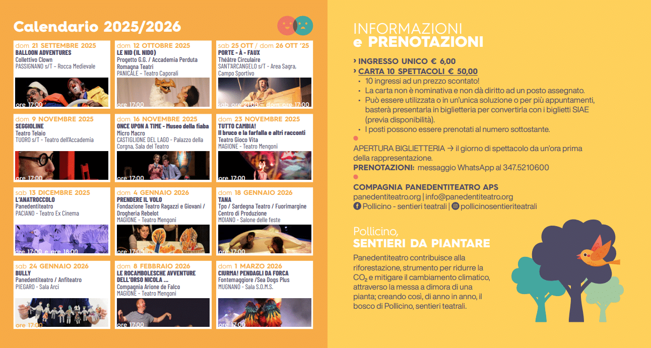 Programma degli spettacoli della rassegna 2025 2026 Pollicino Sentieri Teatrali al Lago Trasimeno